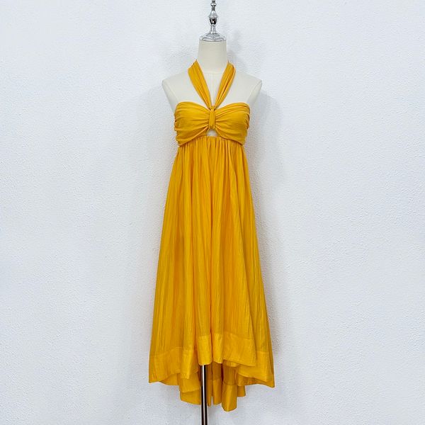 

leisure dress designed by australian designer for spring/summer 2023 new silk yellow hanging collar irregular dress, Black;gray