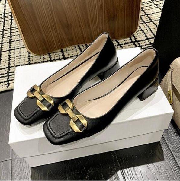 

newset med chunky heel single shoes women fashion metal buckle square toe lady wedding bridal dress shoes, Black