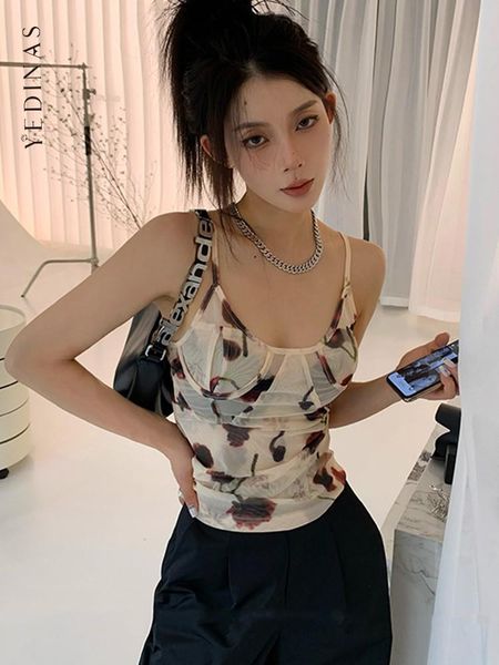 

t-shirt yedinas sleeveless mesh tank women camis floral see through vintage streetwear cute halter summer 2022 korean fashion, White