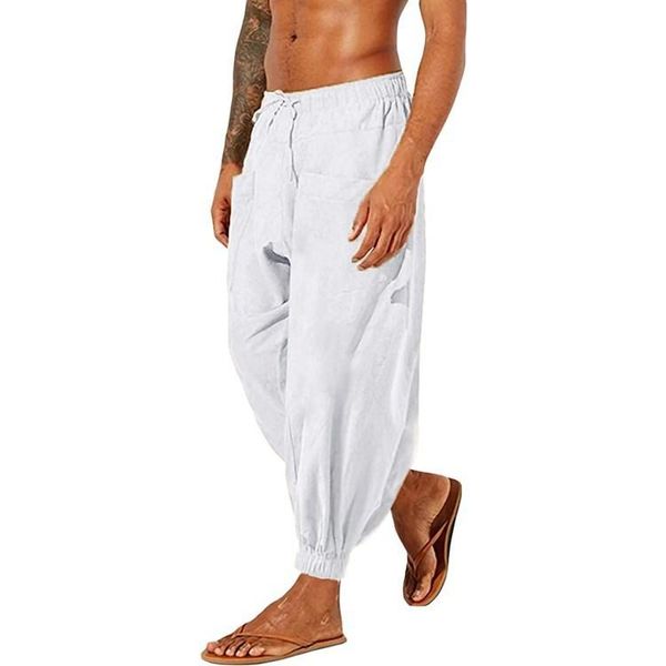 

pants solid color men's cotton linen loose harem pants sweatpants casual trousers male harajuku ropa hombre, Black