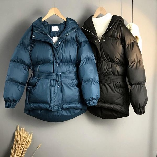 

leather women winter coat long sleeve hooded collar women pure color warm jacket coat with belt casaco feminino cotton thick coat, Black