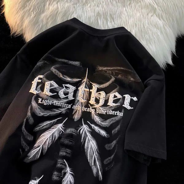 

men's tshirts pure cotton short sleeved tshirt men and wo summer letter feather print brand loose couple half clothing 230421, White;black