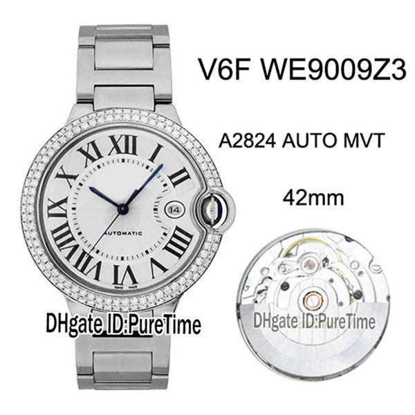 

new v6f we9009z3 eta a2824 automatic mens watch diamond bezel white textured dial black roman markers steel bracelet edition 221y, Slivery;brown