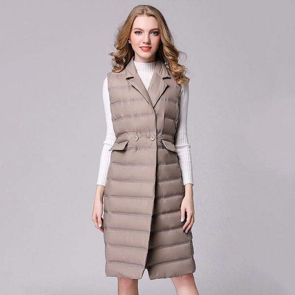 

parkas 2022 spring fall long duck down vest two button female slim sleeveless jacket women windproof lightweight warm puffer waistcoat, Black