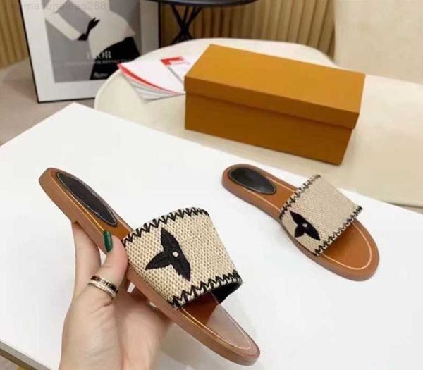 

2021 women slippers outdoor banquet slide shoes pp straw summer leather sandals multicolor flat heel mule8, Black