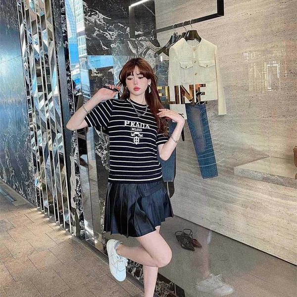 

26% off family spring/summer new fashion classic jacquard letter stripe short sleeve knitted versatile top, White;black
