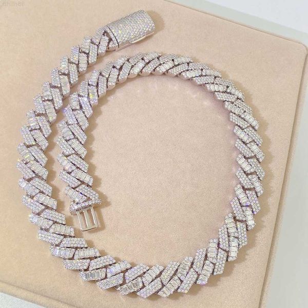 

hip hop miami 15mm two rows baguette moissanite iced out cuban link chain jewelry necklace for men, Silver