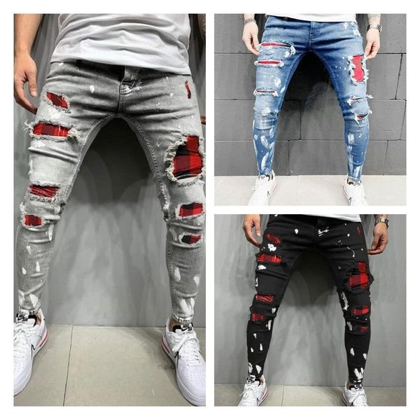 

pants 2021 new arrival men pants patchwork small foot jeans zipper access wear holes denim trousers, Black