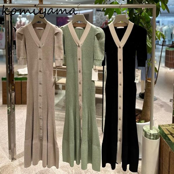 

dresses v neck puff sleeve mermaid dress feminino knit fishtail vestidos spring summer new 2023 dresses women hit color robe femme, Black;gray