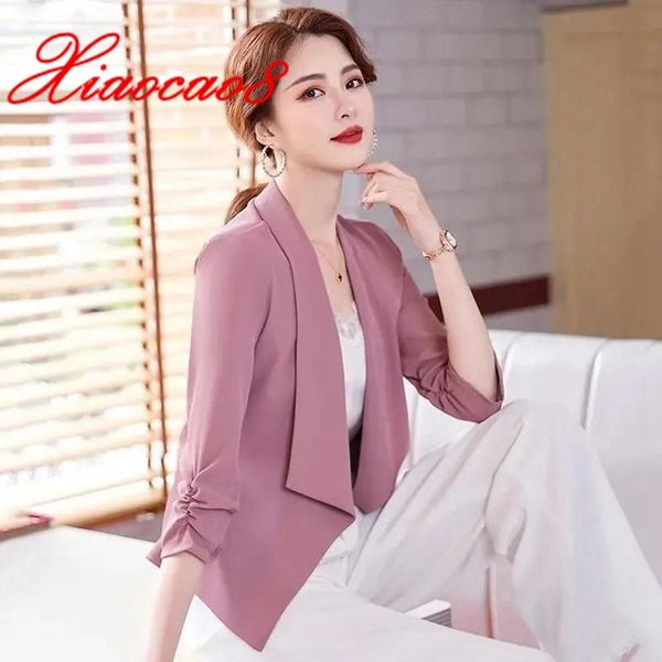 

pants summer three quarter short chiffon blazer women solid slim thin jacket coat femme solid elegant cardigan korean ol style suit, White