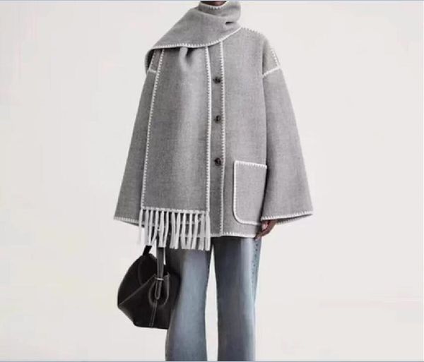 

23 fw to-t-e single-breasted tassel scarf wool coat light gray, Black