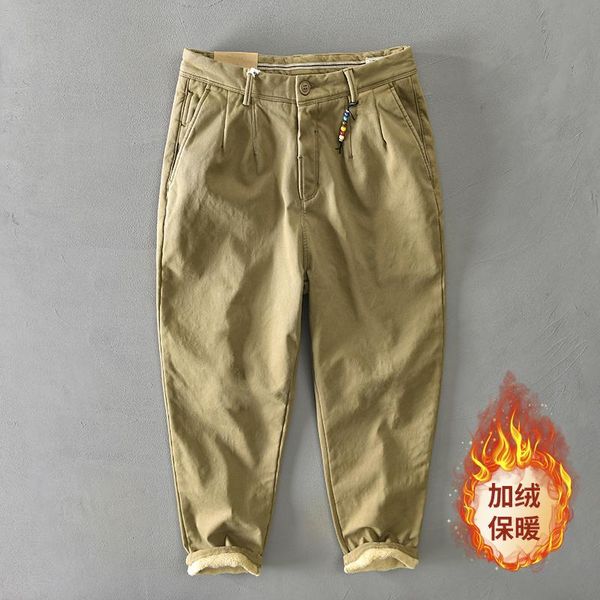 

pants hiqor cargo pants trousers for men 2022 winter flacee casual pants warm cargo man trousers fashion beading khaki business pant, Black