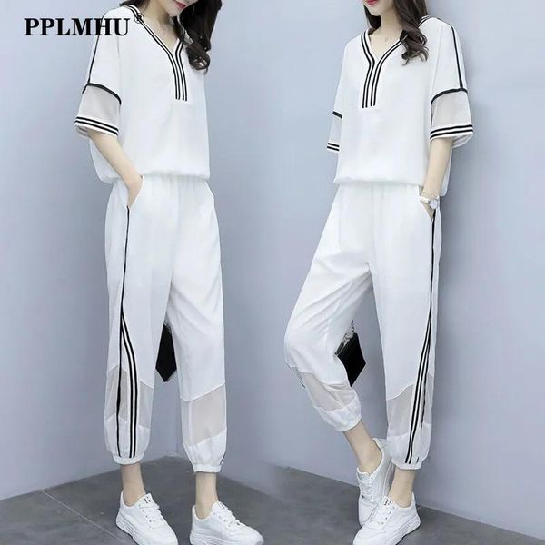 

pants summer casual tracksuit women 5xl 4xl plus size 2 piece set korean loose short sleeve + cropped pant suits jogging sweatsuit, White