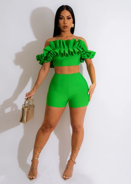 

women's tracksuits 2023 women bandage shorts set 2 pieces ruffle pleat patchwork off shoulder backless and green pink elegant cute 2304, Gray