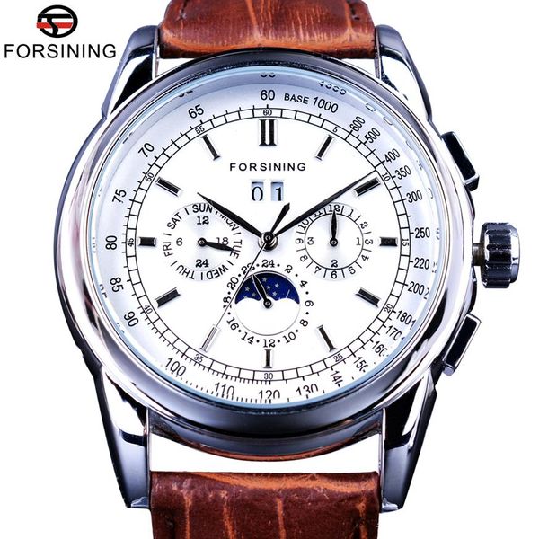 

forsining moonphase calendar display brown leather shanghai automatic movement mens watches brand luxury mechanical watches323z, Slivery;brown