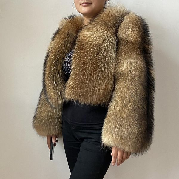 

fur beiziru fur coat real natural raccoon jacket women's fashion full pelt coats real round neck warm, Black