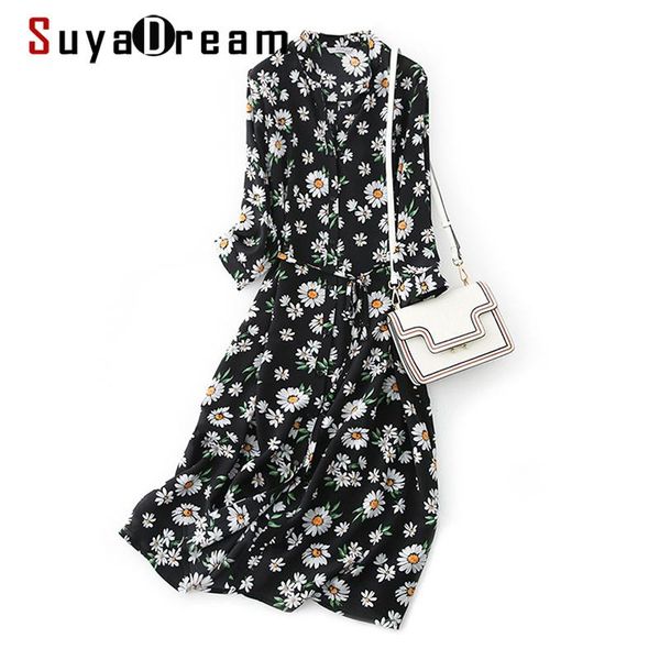 

dresses suyadream woman silk midi dress 100%silk crepe floral printed half sleeves shirt dress 2021 fall sashes elegant dresses vestidos, Black;gray