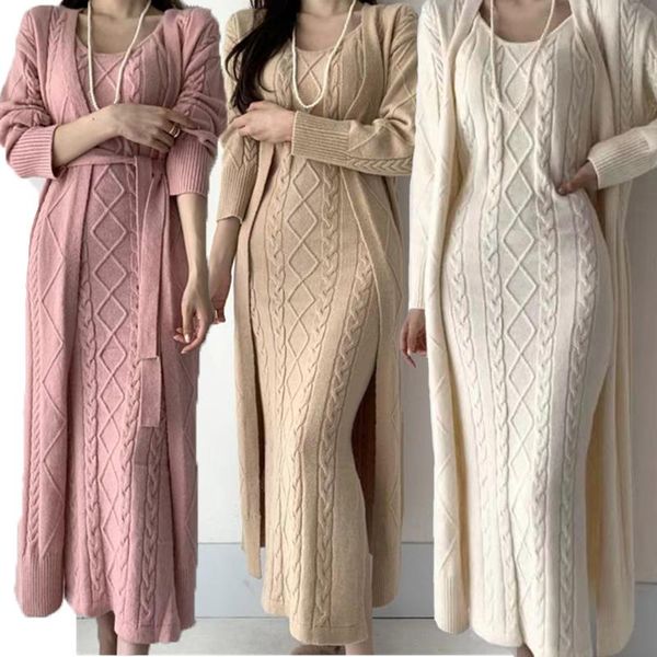 

dress winter women knitted 2 pieces set casual long coat dress solid long sleeve sweater coat +knitted dress 2pcs suits women warm set, White