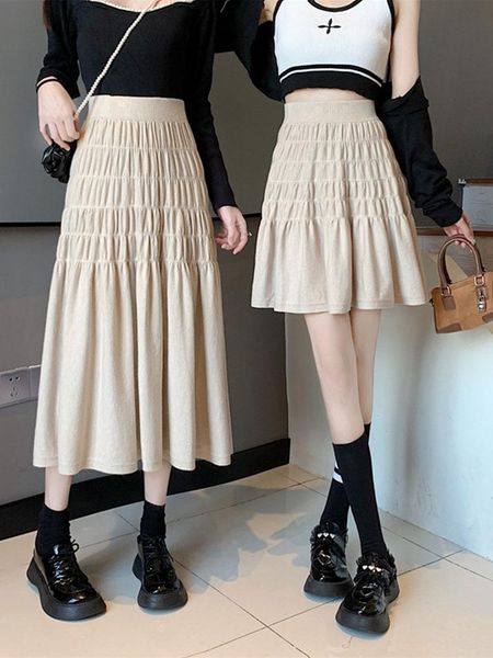

dresses tigena women knitted skirt 2022 fall winter korean fashion folds casual solid allmatch a line high waist midi long skirt female, Black;gray