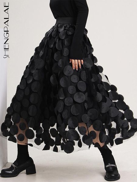 

capris shengpalae fashion threedimensional wave dot gauze skirt women autumn 2022 new high elastic waist loose aline midcalf skirts, Black;white