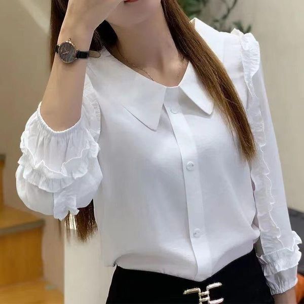

shirts elegant ruffles 3/4 sleeve shirts 2022 spring autumn new fashion casual office lady solid allmatch lapel chic blouses 4xl, White