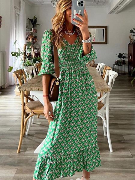 

dresses fashion chic v neck spring summer maxi dress loose casual ruffle aline dress elegant floral printed women half sleeve dresses, Black;gray