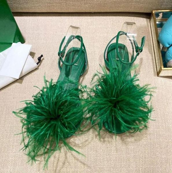 

sandals ostrich fur flat women narrow band clipon real leather party wedding shoes fluffy feather runway7167449, Black