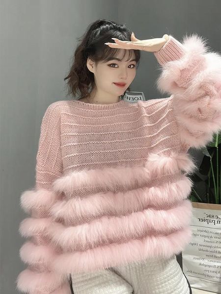 

fur 2022 women fashion autumn spring thin real fox fur round neck sweater real fur trim loose sweater, Black