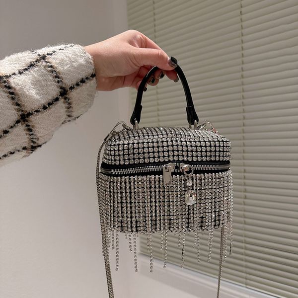 

womens shimmer rhinestone cosmetic case box bags tassel handle totes franco chain silver metal crossbody shoulder handbags blingbling vanity