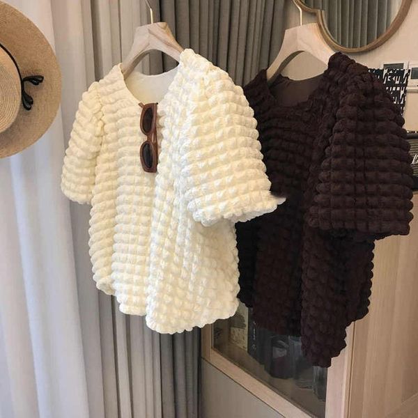 

t-shirt 2022 summer puff t shirt for women short sleeve 3d plaid shirts for women y2k graphic tee mujer camisetas casual wild, White