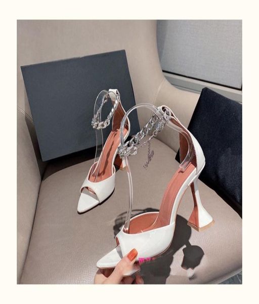 

2021 genuine leather sandals fashion designer opentoe flock upper high heeled summer shoes for women ankle buckle metal chain 691511, Black