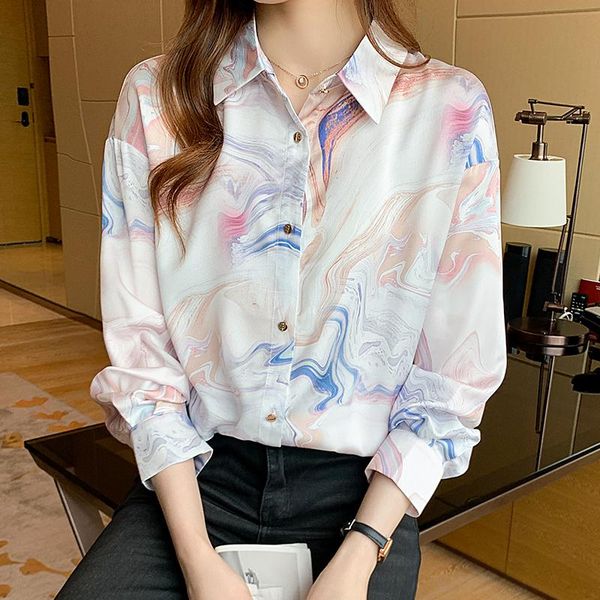 

shirts fashion tie dye print ladies shirts women's blouses 2021 spring autumn long sleeve shirts blusas mujer, White