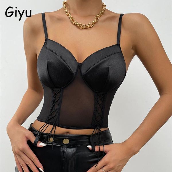 

t-shirt giyu women clothes club party camis 2022 summer autumn satin mesh lace up black crop vintage see though camisole, White