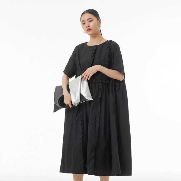

yamamoto dark short sleeved dress summer plus size womens clothes oversize 65630, Black;gray