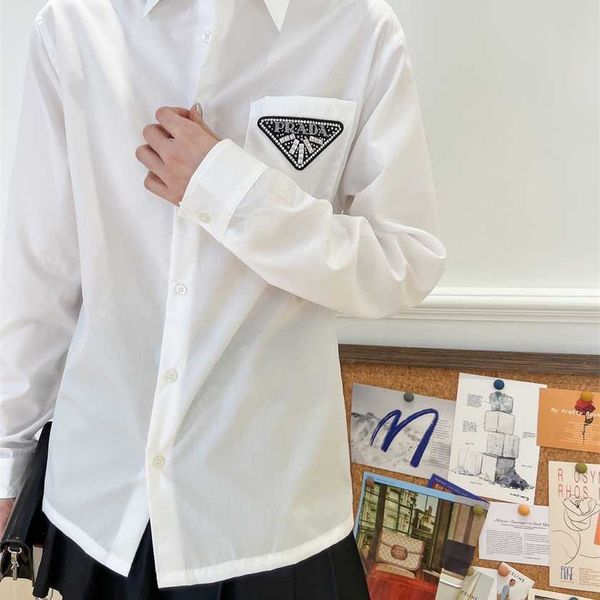 

26% off family early spring new fashion embroidery water diamond triangle design simple and versatile slim shirt top, White