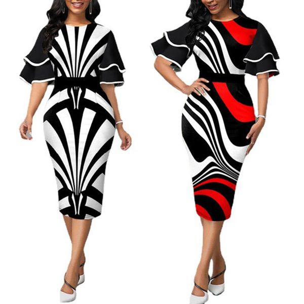 

casual dresses plus size elegant geometric print evening party dress 2022 autumn women butterfly sleeve chic office bodycon 3xl2970, Black
