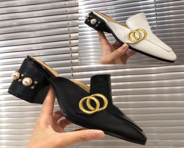 

classic designer shoes women slippers soft cowhide 100 leather thick heels metal woman shoe beach lazy baotou sandals pearl high 9985922, Black
