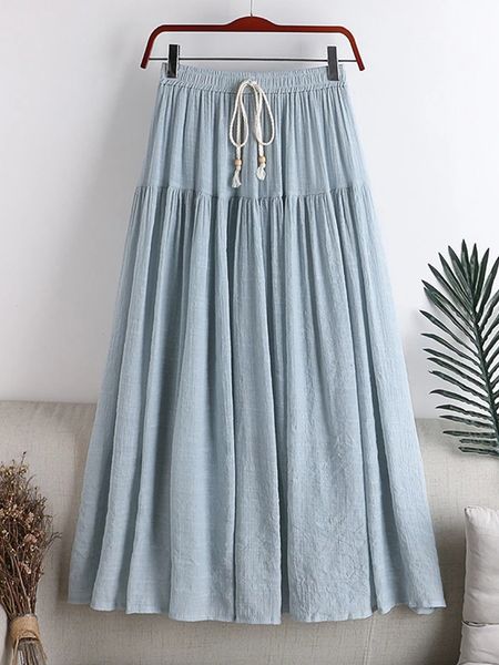 

skirts bowtie lace up summer women skirts cotton linen high waist slim a-line pleated skirt patchwork long midi skirt ol jupe femme 230422, Black