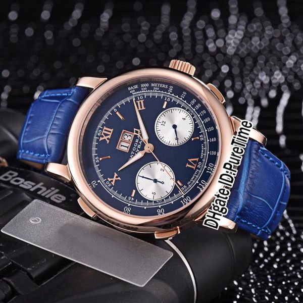 

new gig dage datograph 403 031 automatic mens watch rose gold blue dial silver subdial daydate big calendar watches leather pureti226o, Slivery;brown