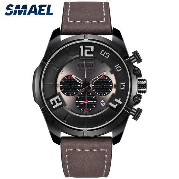

smael casual sport mens watches brand luxury leather fashion wrist watch for male clock sl-9075 chronograph wristwatches men255t, Slivery;brown