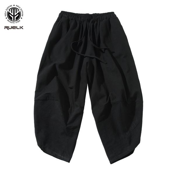 

pants japanese summer linen cropped pants men's simple solid color casual loose large size cotton linen wide leg men's harem pants, Black