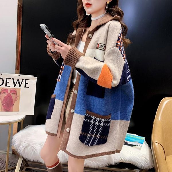 

sweaters 2021 herfst winter vrouwen lange vest contrast print pocket knop oversize trui vest vrouwelijke straat jas, White;black