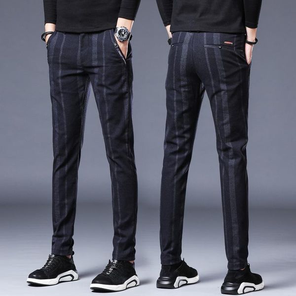

pants brand 2021 new casual pants mens stripe stretch pant straight slim fit business plaid formal wedding work blue trousers male, Black