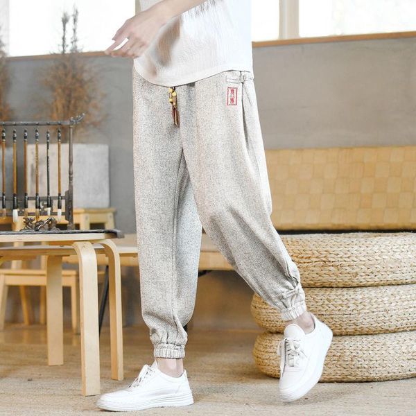 

pants mrgb embroidered chinese style casual men harem pants drawstring cotton linen cropped pants male oversized vintage trousers, Black