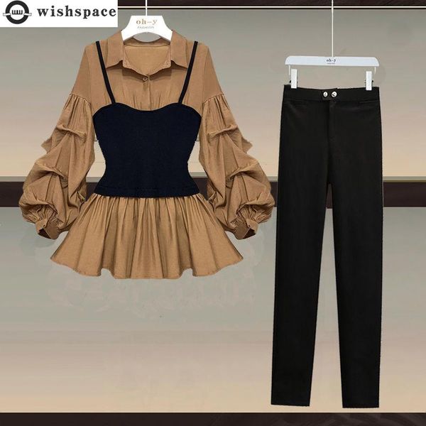 

pants summer new elegant women's pants set fashion stitching chiffon shirt black trousers twopiece set female leisure tracksuit, White