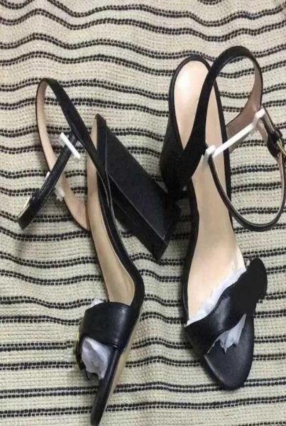 

designer women highheel leather sandals double goldtoned hardware ankle strap sandals chunck heel shoes 75 105 cm with box no7344596, Black