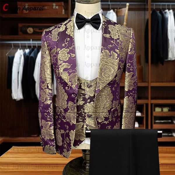 

blazers new luxury purple gold floral printing wedding men's suits set formal groomsman groom jacket dinner party blazer vest pants 3pc, White;black