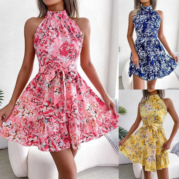 

summer dress womens halter floral tie neck ruffled short skirt, Black;gray