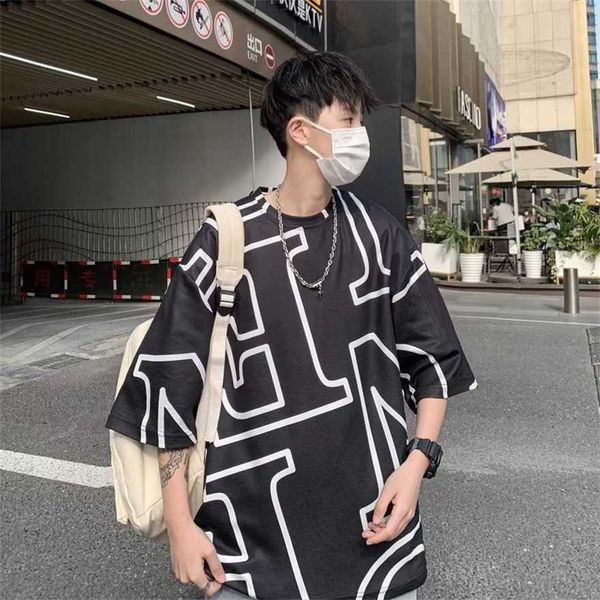 

34% off street men's short sleeved ins fashion all over printed lettering t-shirt summer trendy label loose shoulder middle sleeve, White;black