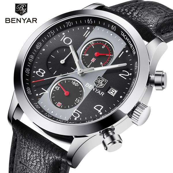 

benyar chronograph sport watches men waterproof brand retro leather quartz watch clock all dials work support drop grey243s, Slivery;brown